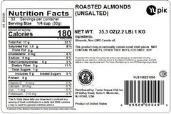 Yupik almonds bag back, nutrition highlights including protein and fiber