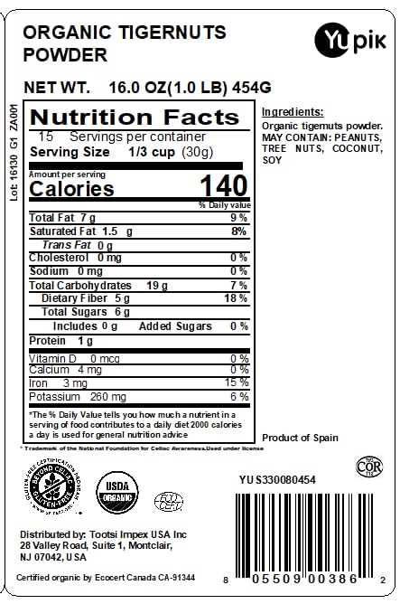 Yupik Tigernuts Powder packaging showcases organic, gluten-free flour alternative.