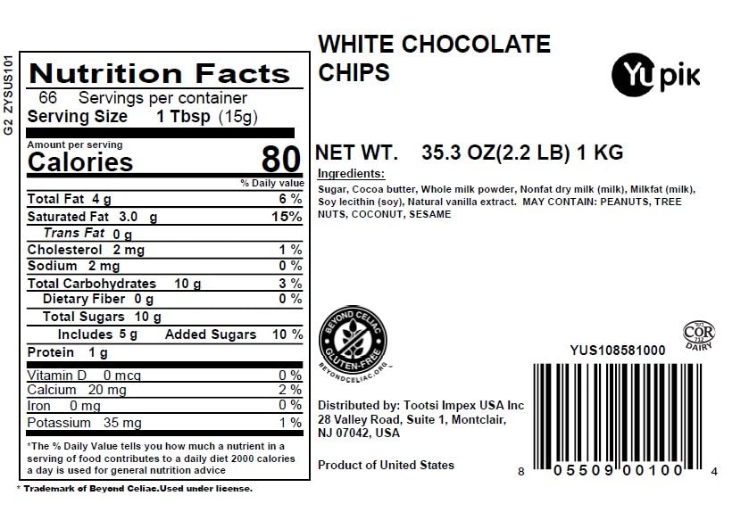 Yupik white chocolate chips closeup, small morsels melt smoothly in recipes.