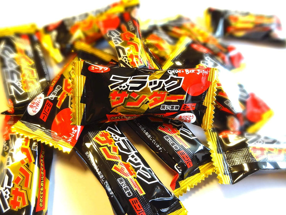 Yuraku Black Thunder Mini Bars Bag on shelf appealing to fans of Japan-made chocolate snacks