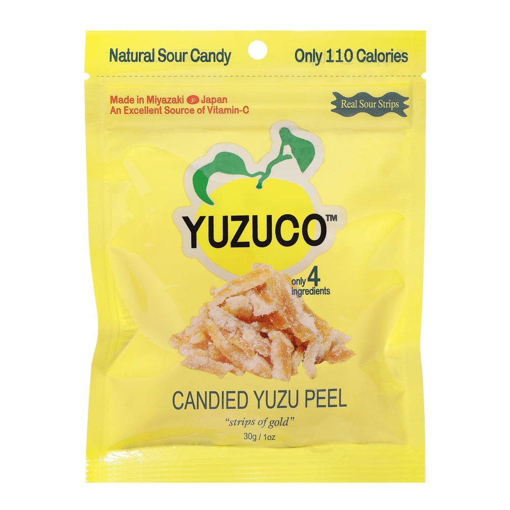 YUZUCO Candied Yuzu Peels bag front view, ready for snacking and garnish.