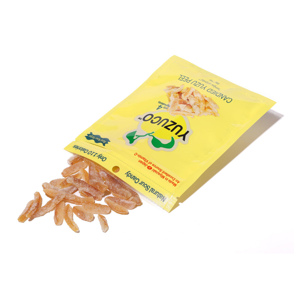 YUZUCO Candied Yuzu Peels packaging highlighting simple ingredients.
