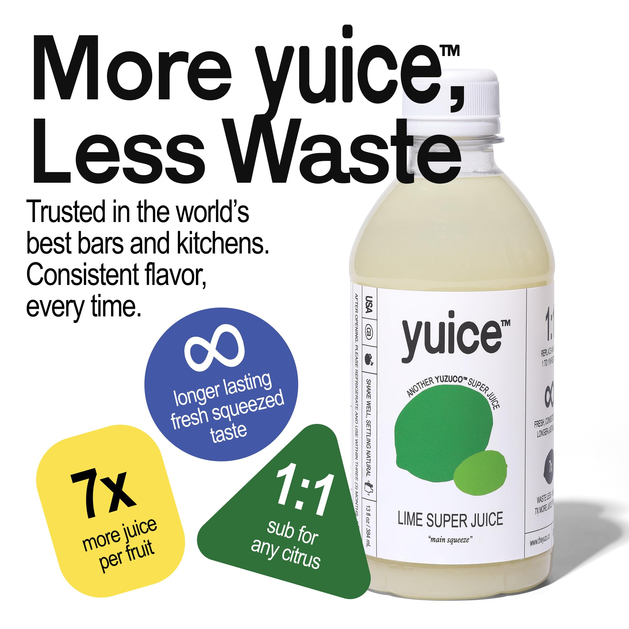 Close-up of YUZUCO Lime Super Juice label emphasizing fresh ingredients.
