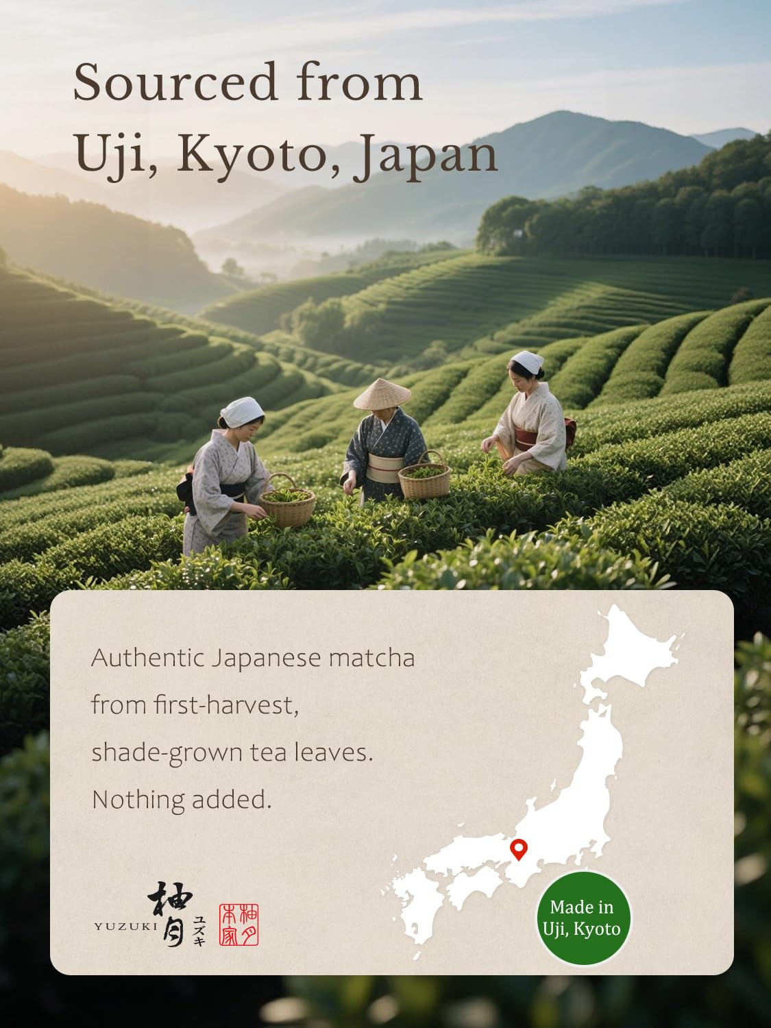 Stone-milled for silky texture and vibrant green color, YUZUKI Matcha