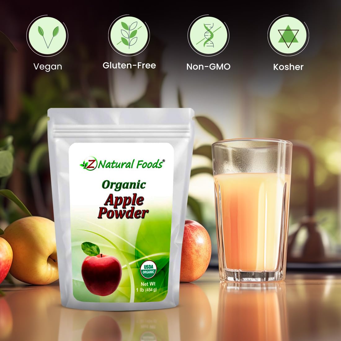 Z Natural Foods Apple Powder added to a smoothie for fruity flavor