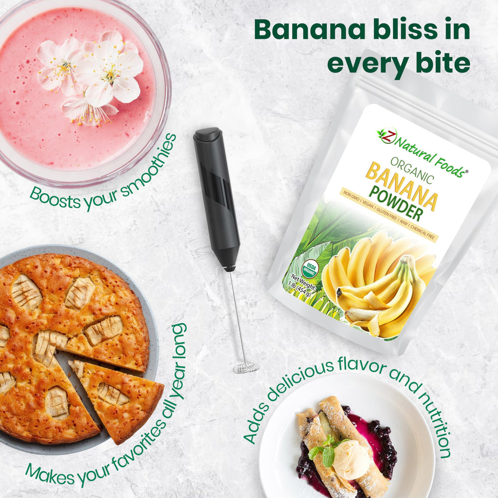 Z Natural Foods Banana Powder stored in a glass jar for pantry use.