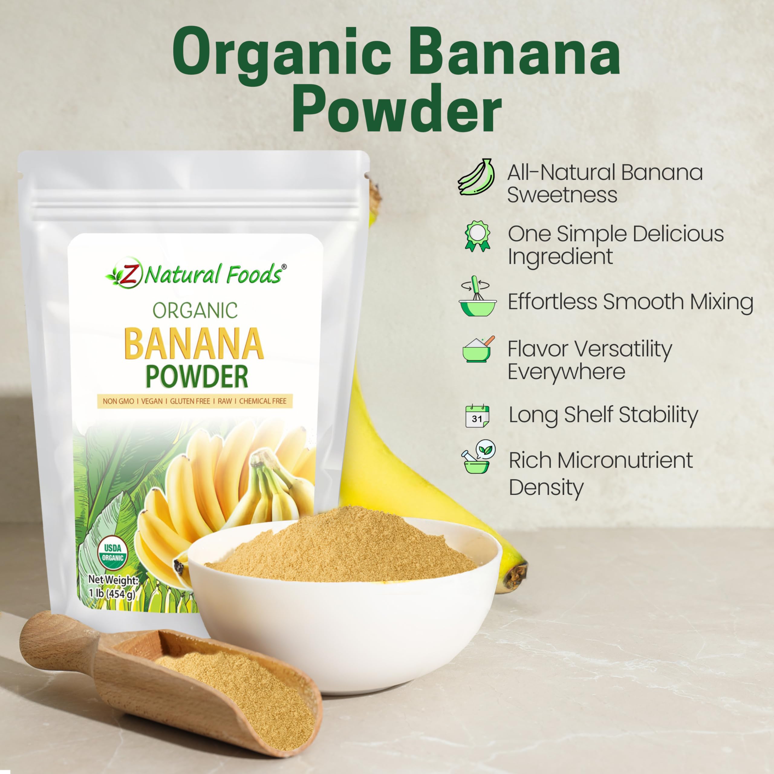 Z Natural Foods Banana Powder poured into a smoothie bowl.