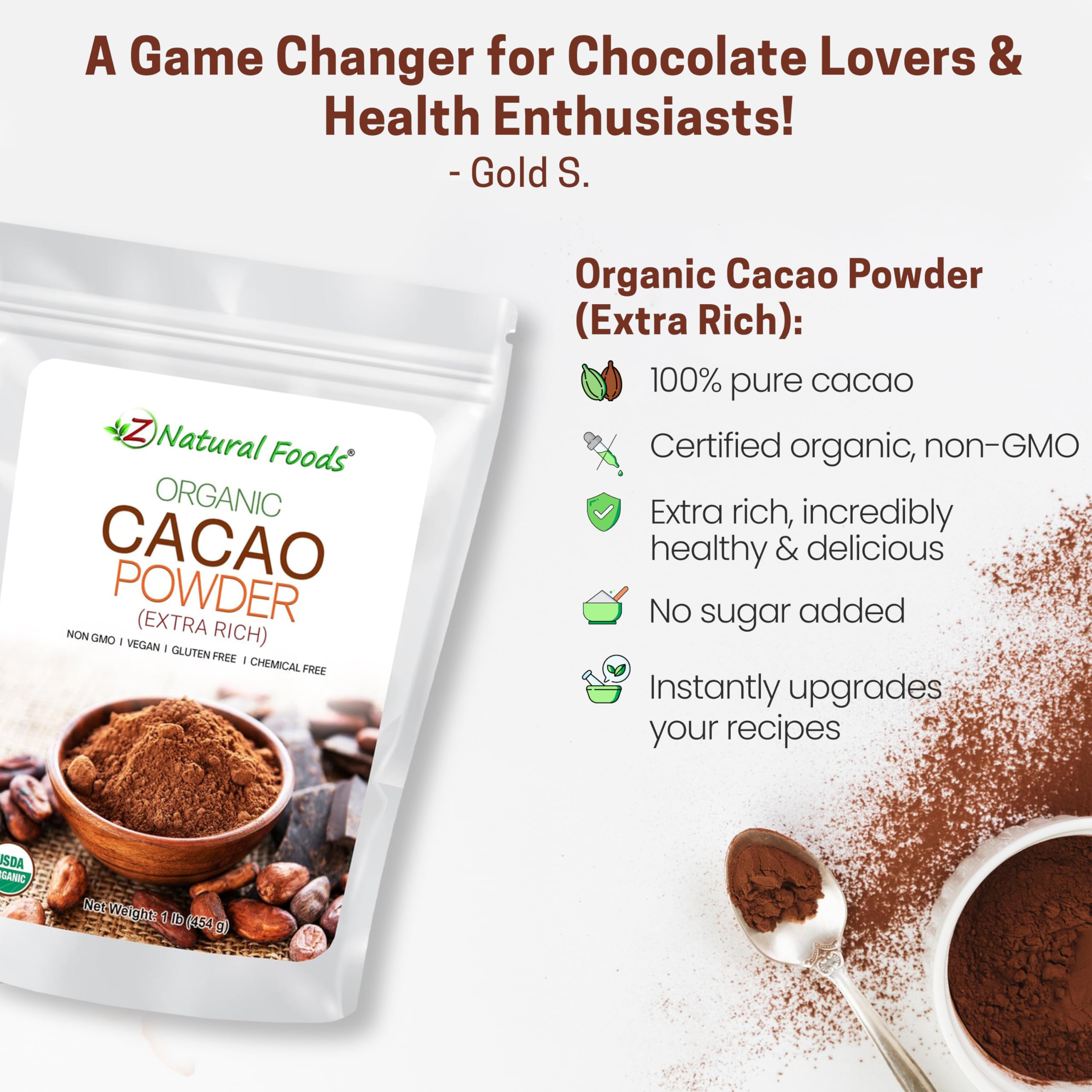 Z Natural Foods cacao powder hot chocolate steaming for a comforting drink
