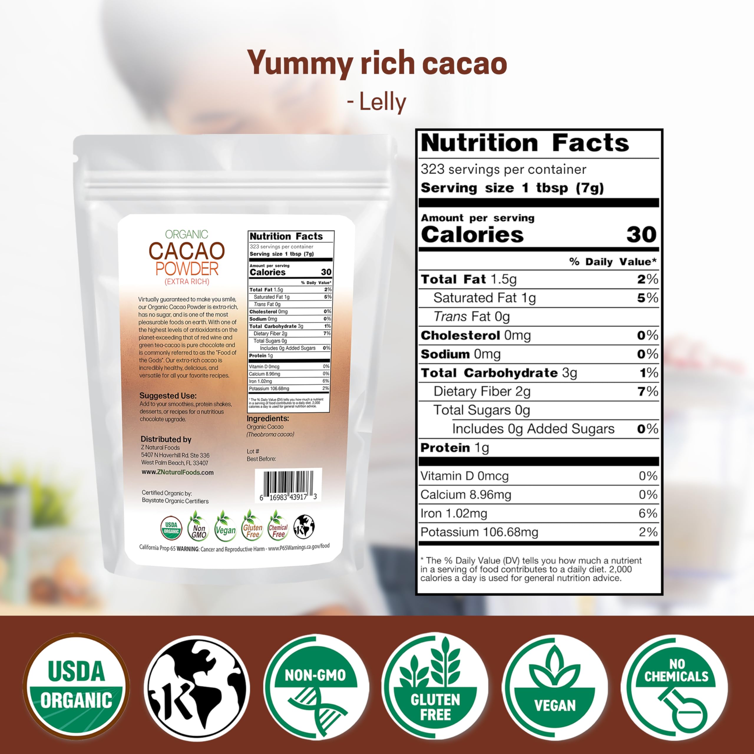 Z Natural Foods cacao powder jar close-up highlighting organic unsweetened cacao quality.