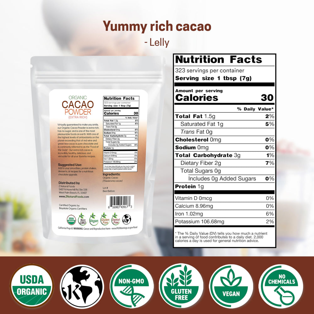 Z Natural Foods cacao powder jar close-up highlighting organic unsweetened cacao quality.