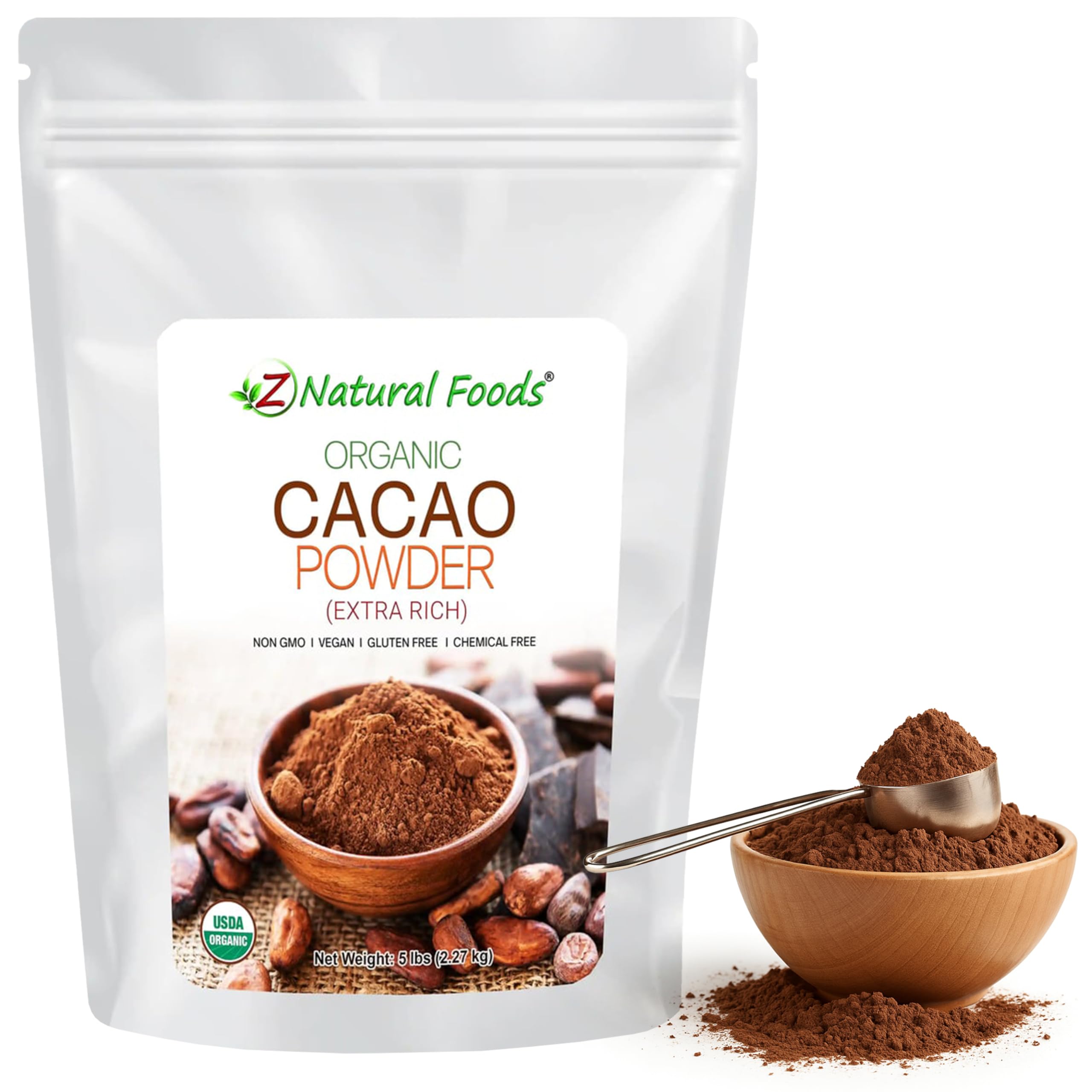 Z Natural Foods cacao powder packaging for versatile unsweetened baking.