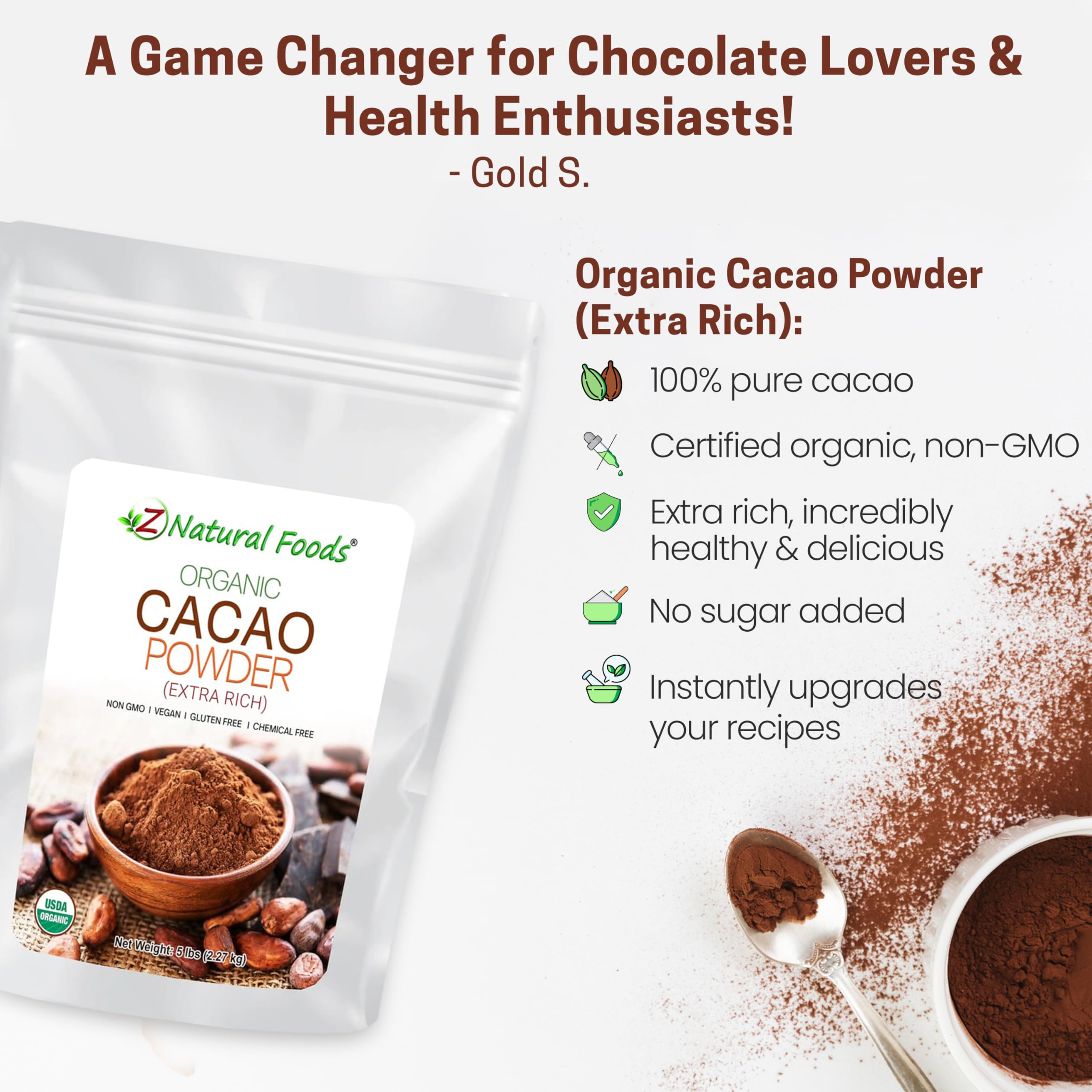Z Natural Foods cacao powder scoop portrait suggests convenient daily use.