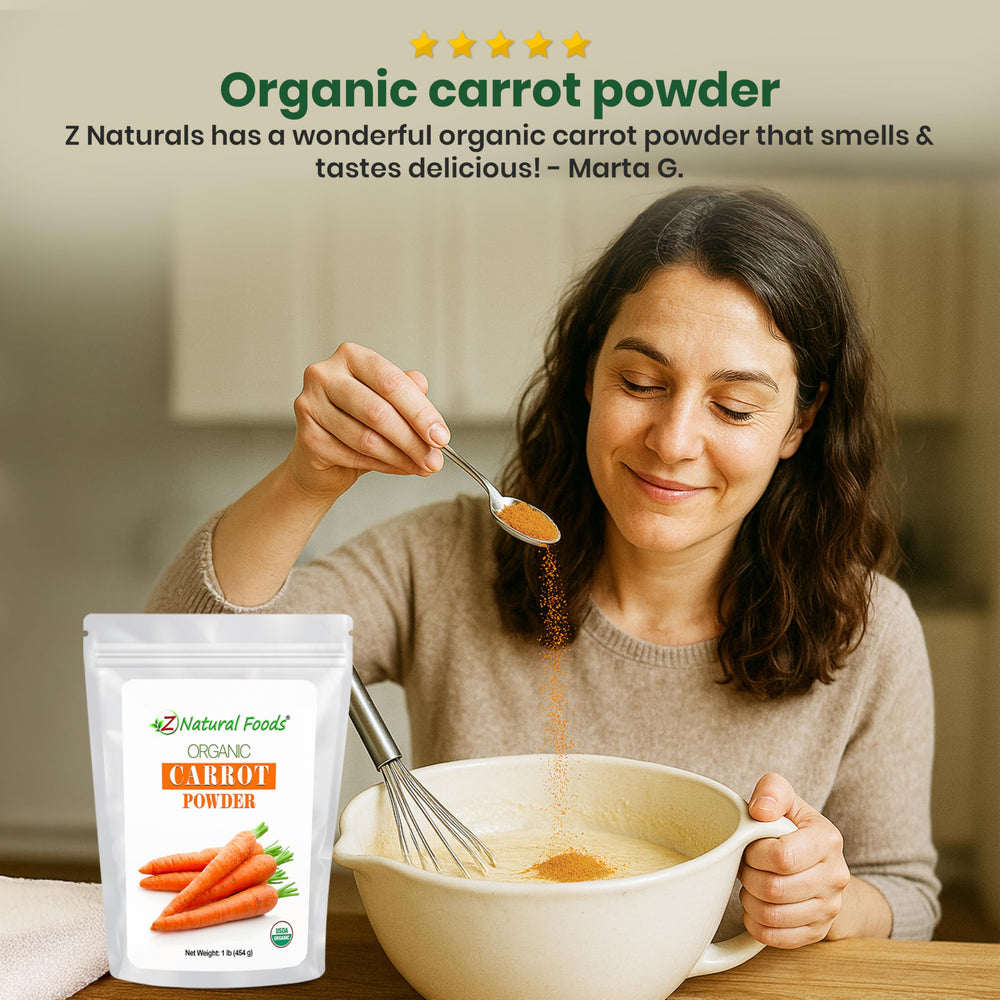 Z Natural Foods carrot powder close-up showing fine texture and vibrant orange hue.