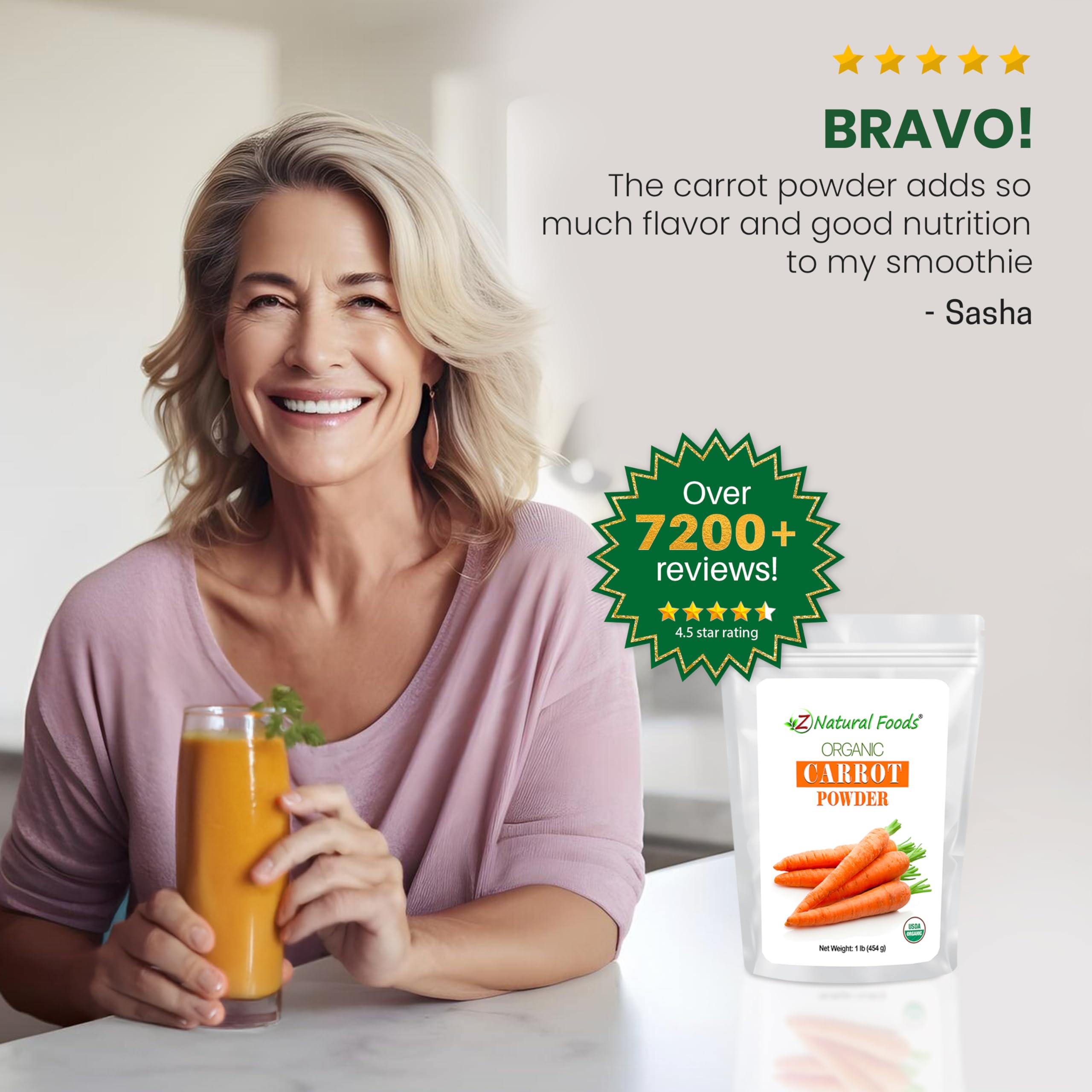 Z Natural Foods carrot powder ingredient list image focusing on non-GMO and gluten-free notes.