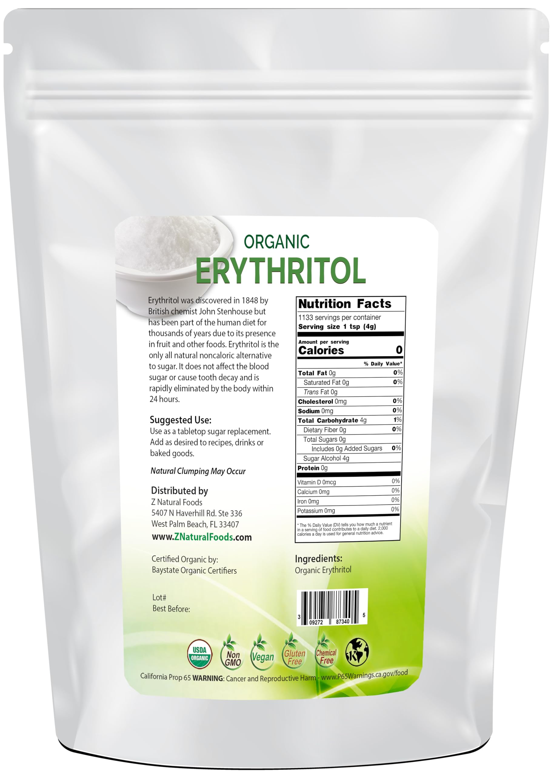Z Natural Foods Erythritol granular crystals close-up suitable for baking and cooking