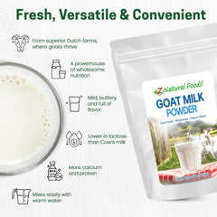 Pouring prepared goat milk powder into a cup with Z Natural Foods