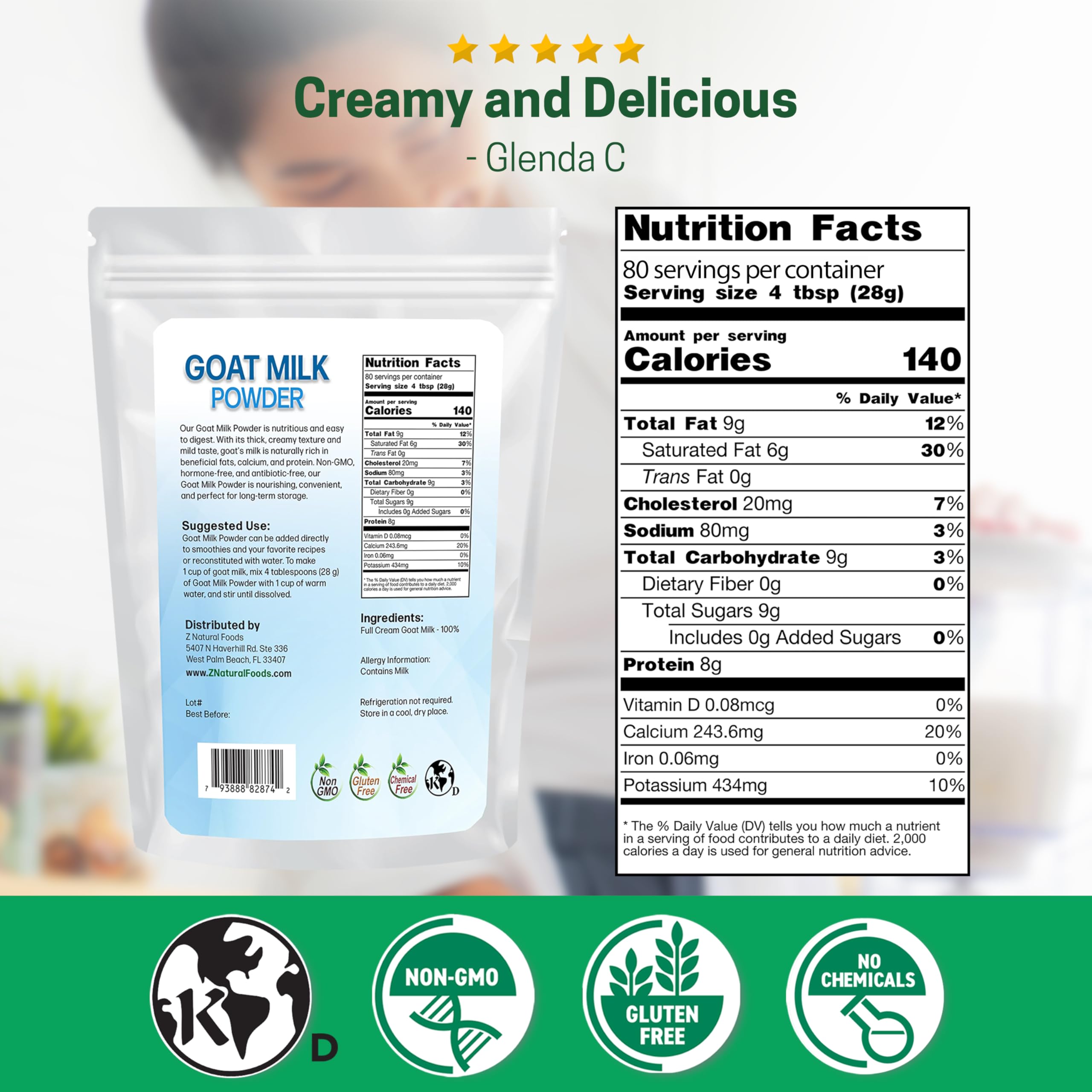 Scoop of Z Natural Foods goat milk powder for quick use