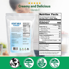 Scooped goat milk powder with a measuring scoop ready to mix