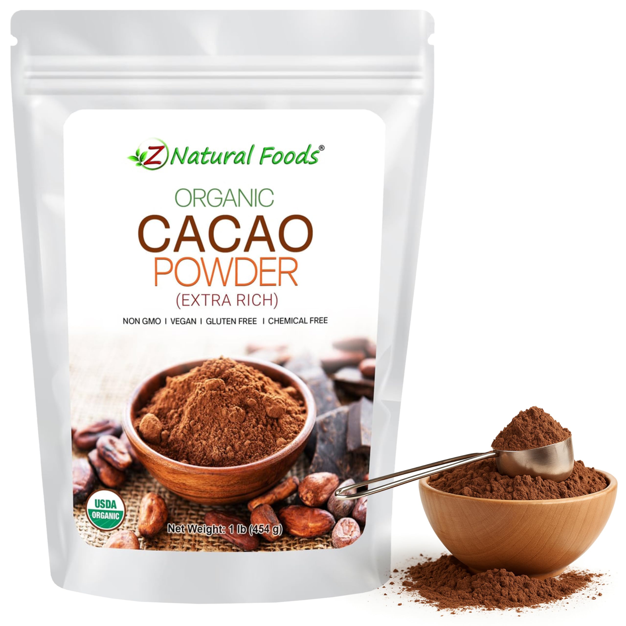 Z Natural Foods Organic Cacao Powder jar showing rich, nutrient-dense flavor for smoothies and baking