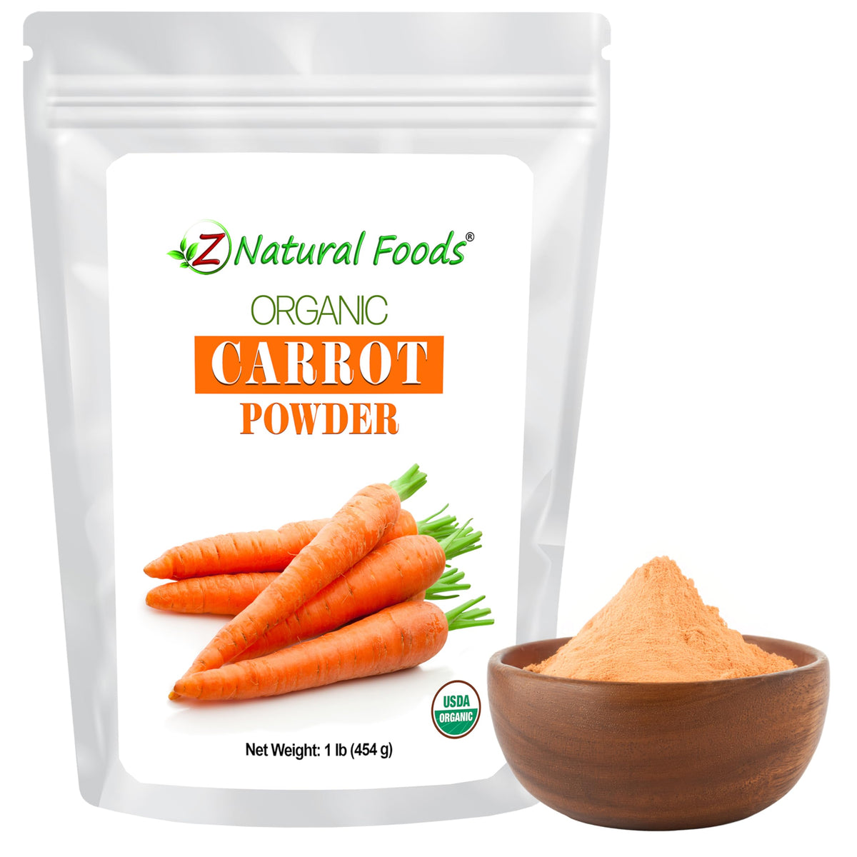 Z Natural Foods Organic Carrot Powder bottle highlighting pure, nutrient-dense ingredients for daily use.