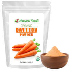 Z Natural Foods Organic Carrot Powder bottle highlighting pure, nutrient-dense ingredients for daily use.