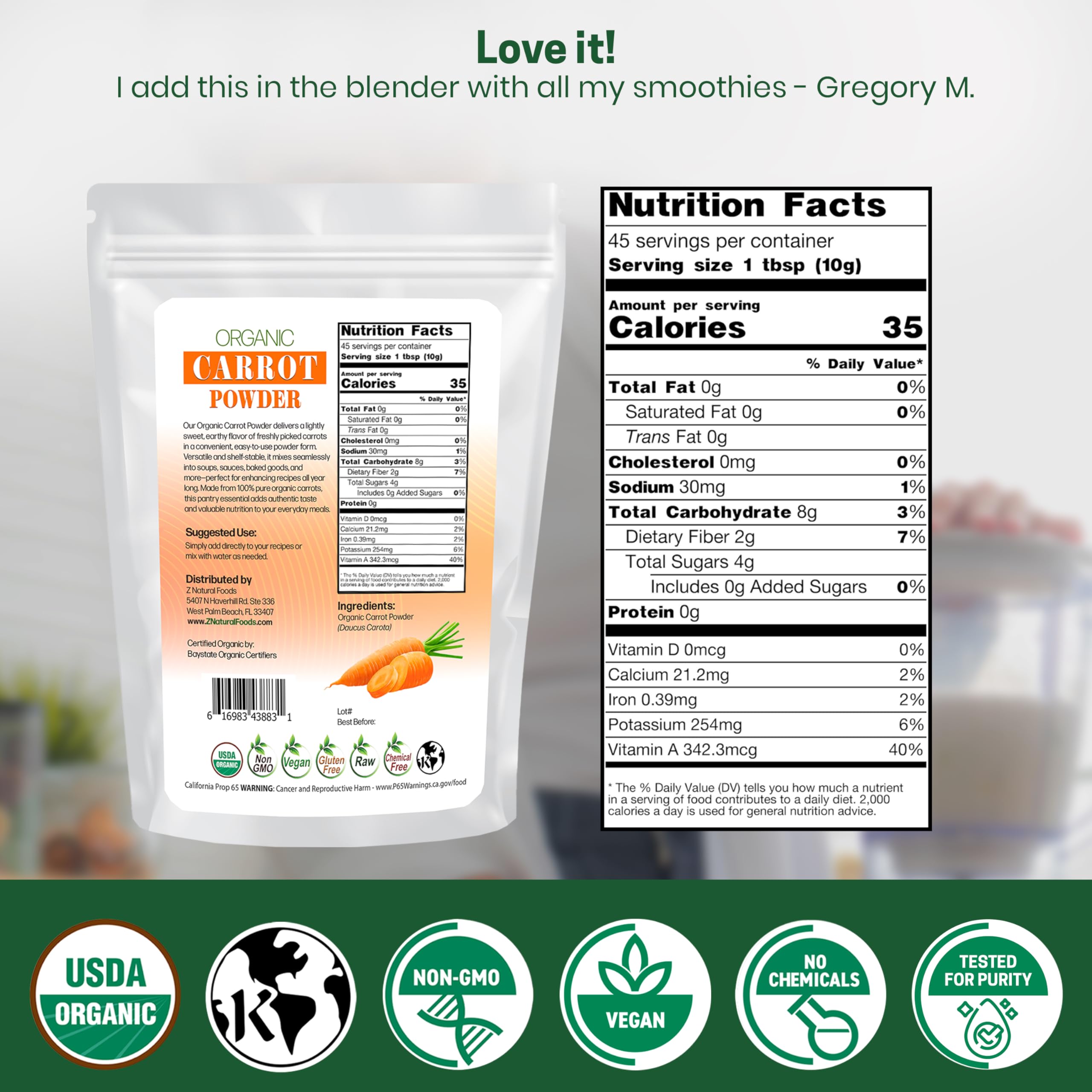 Z Natural Foods carrot powder jar scene emphasizing clean processing and versatility in meals.