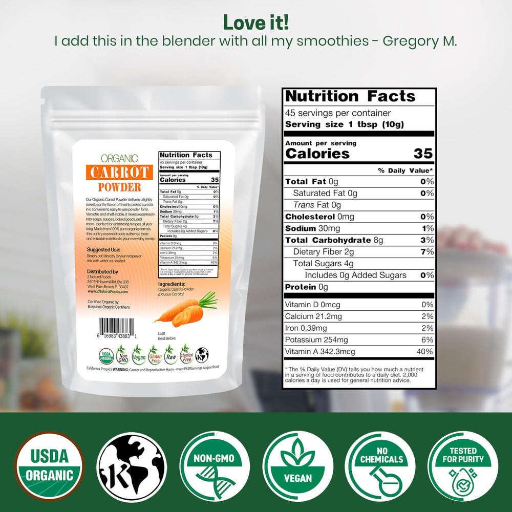 Z Natural Foods carrot powder jar scene emphasizing clean processing and versatility in meals.