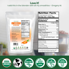 Z Natural Foods carrot powder jar scene emphasizing clean processing and versatility in meals.