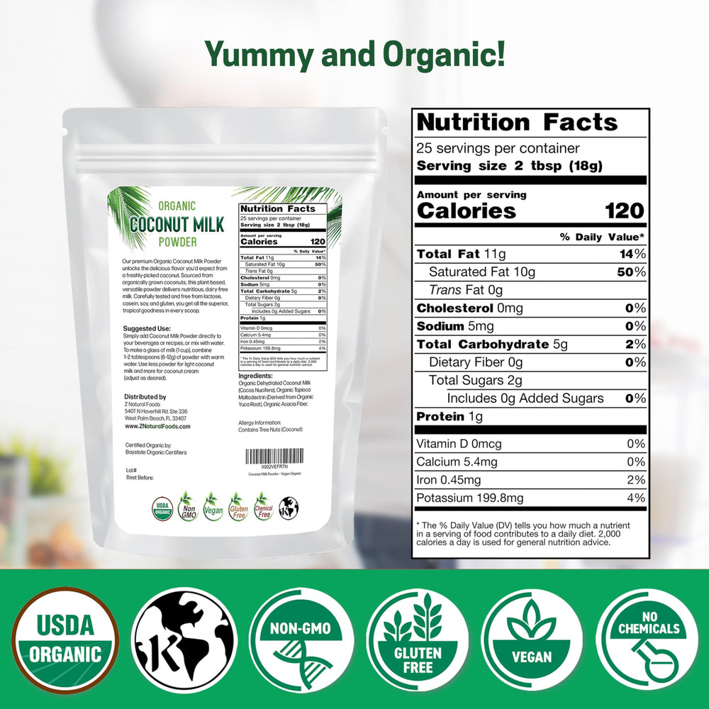 Close-up of Z Natural Foods coconut milk powder texture for quick mixing