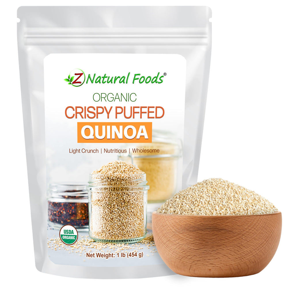 Z Natural Foods Organic Crispy Quinoa bag showcasing a crunchy gluten-free snack.