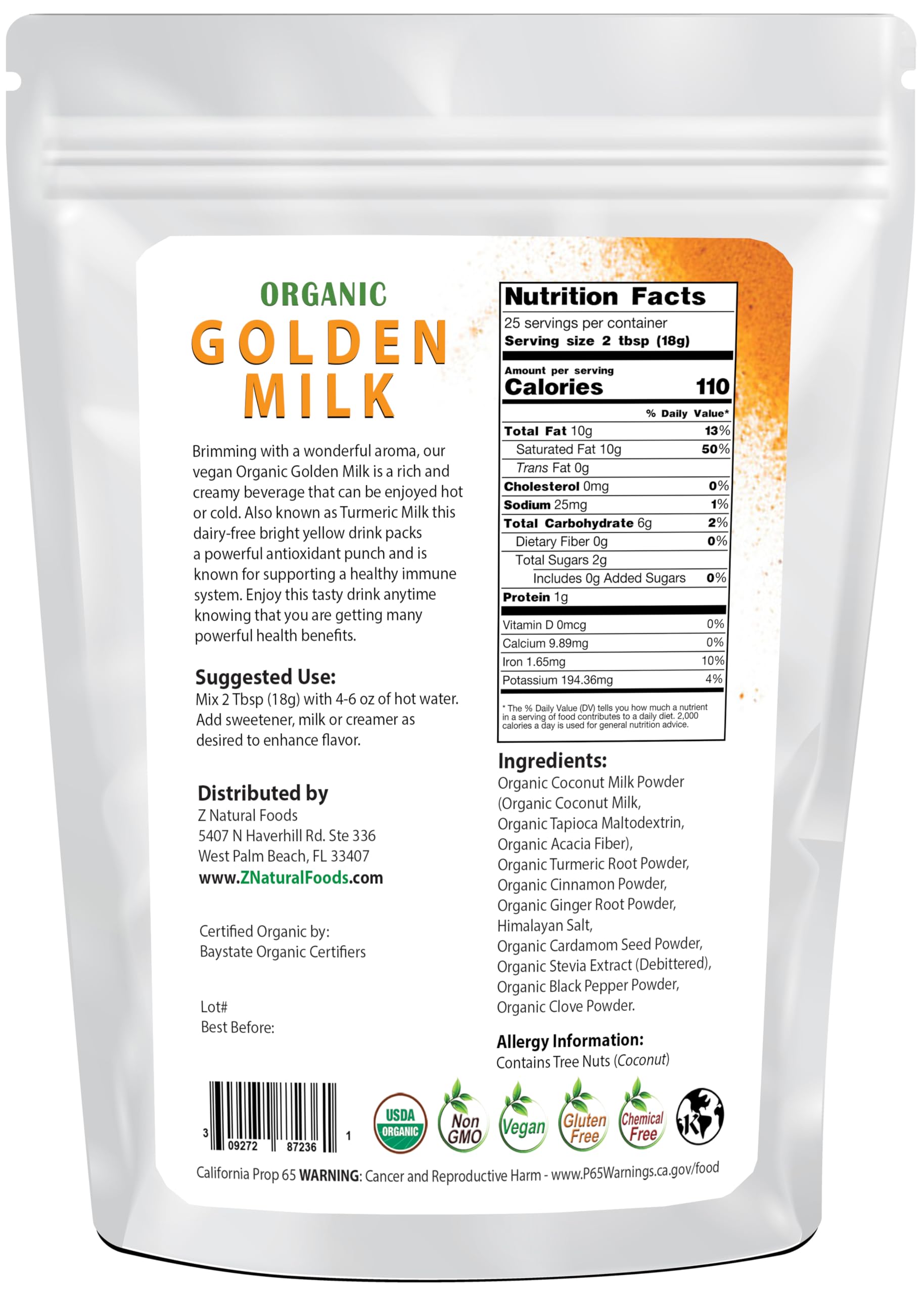 Z Natural Foods Organic Golden Milk Powder scoop for easy recipe measurements