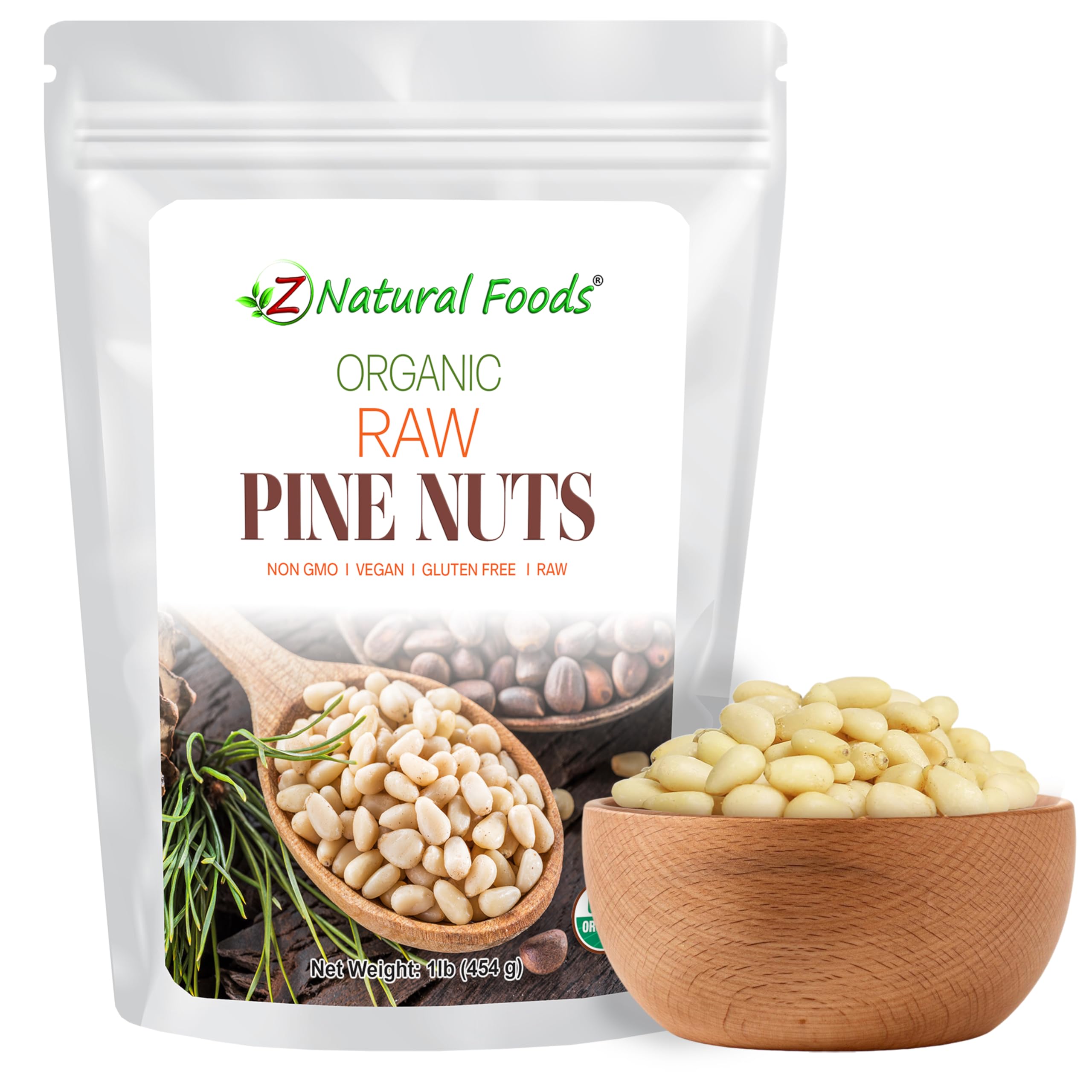 Z Natural Foods pine nuts in an airtight foil pouch ideal for pesto and salads