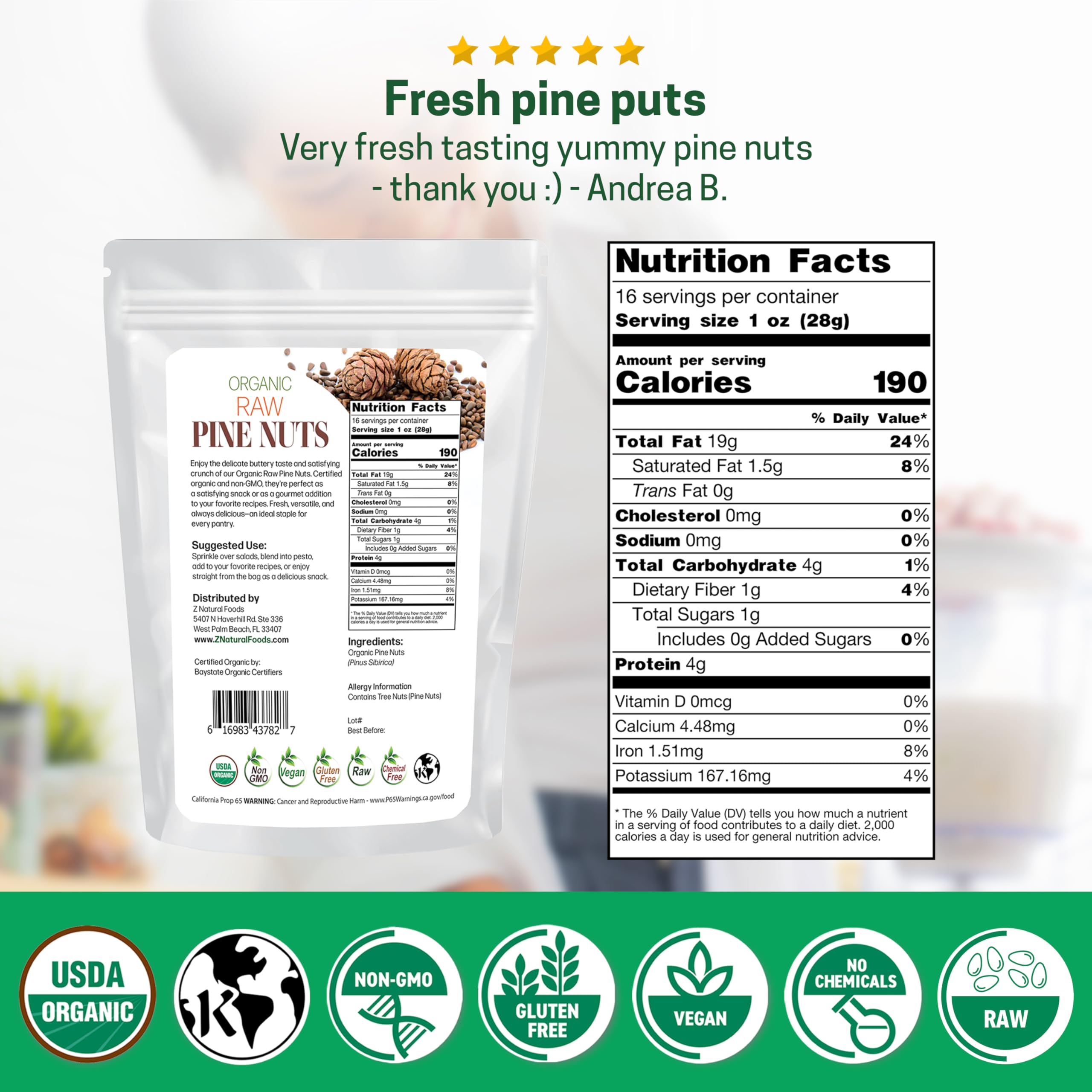 Z Natural Foods organic pine nuts ready to snack or top dishes