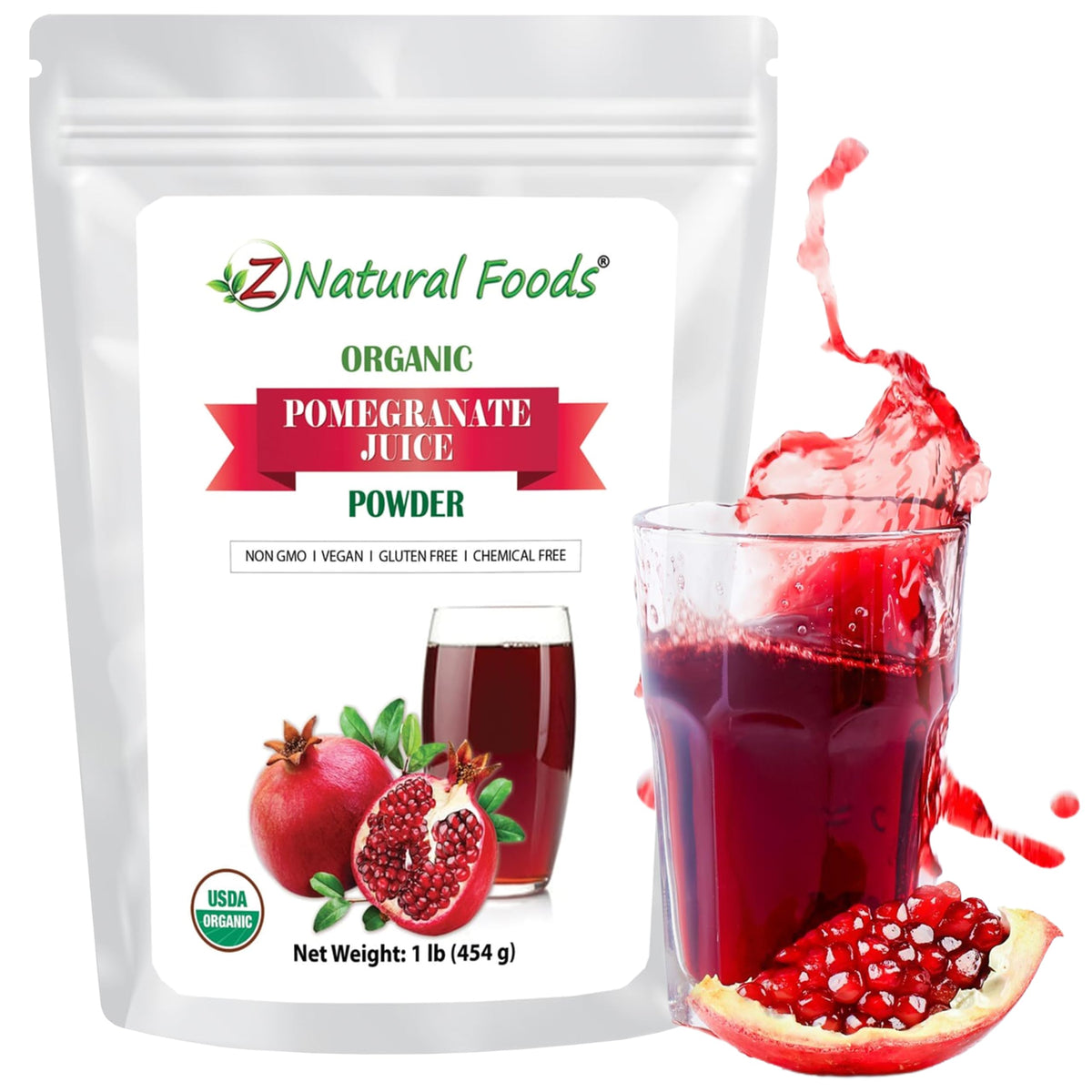 Z Natural Foods Pomegranate Powder in a bag to enrich smoothies with antioxidants