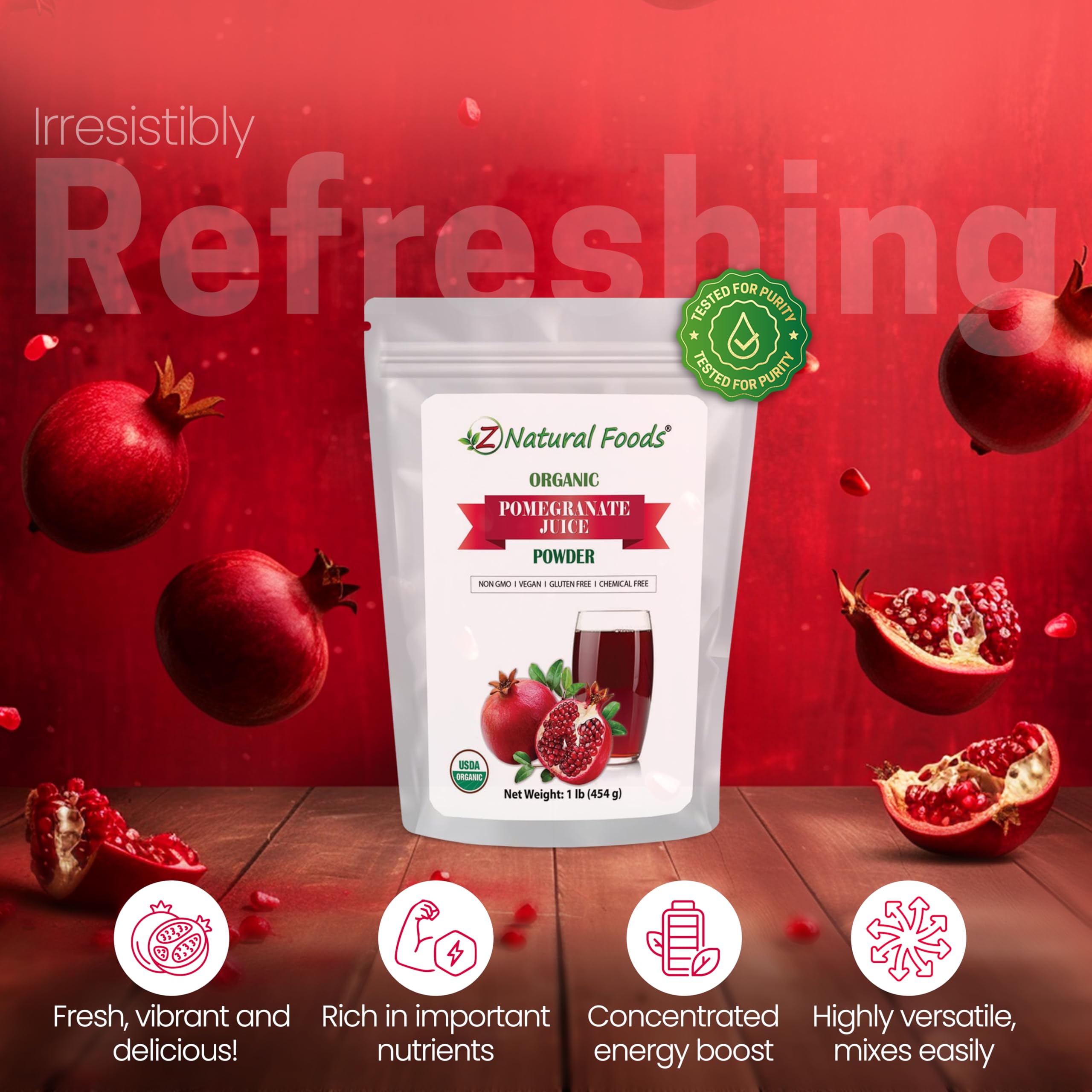 Z Natural Foods Pomegranate Powder on a scoop for convenient daily use