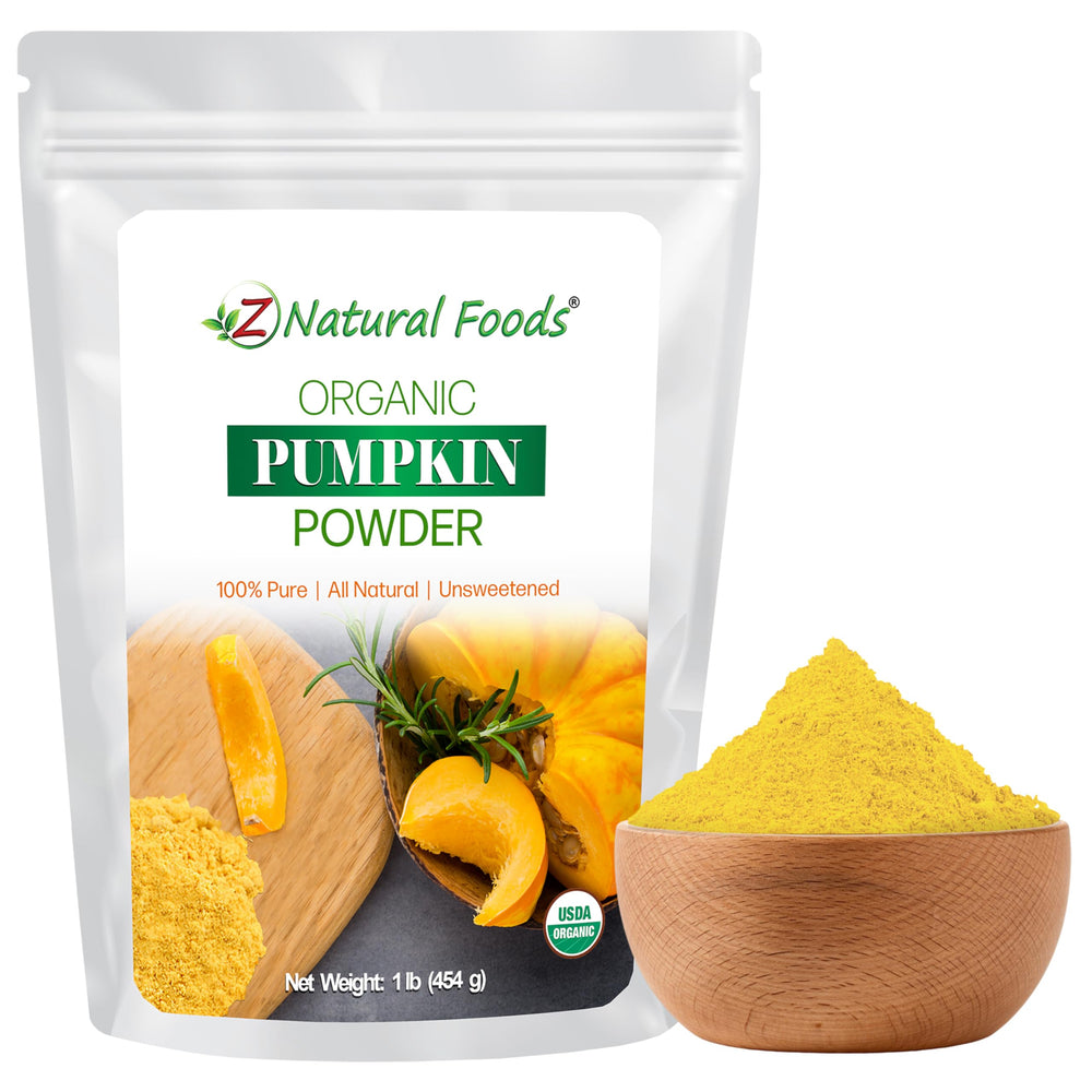 Z Natural Foods pumpkin powder bag close-up highlighting versatility for lattes and baking.