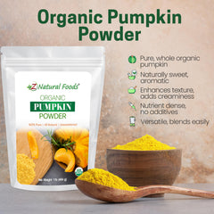 Z Natural Foods pumpkin powder bag pouring demonstrates easy mix-in for smoothies.