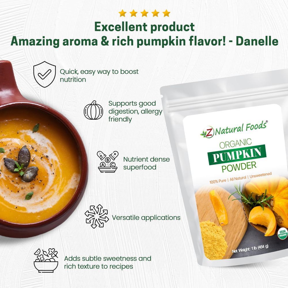 Z Natural Foods pumpkin powder in baking setup highlights rich color and aroma.