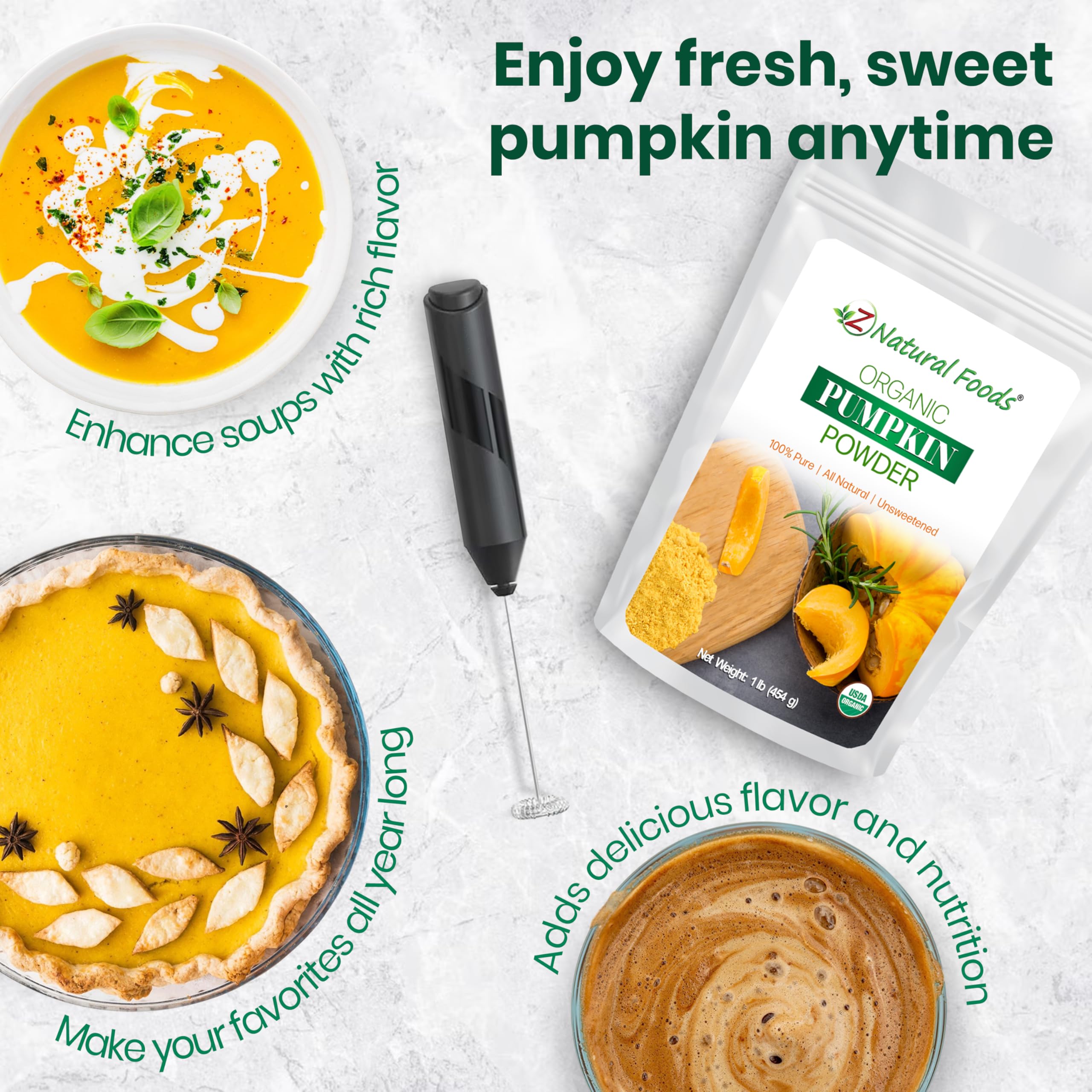 Z Natural Foods pumpkin powder resealable bag preserves freshness and convenience.