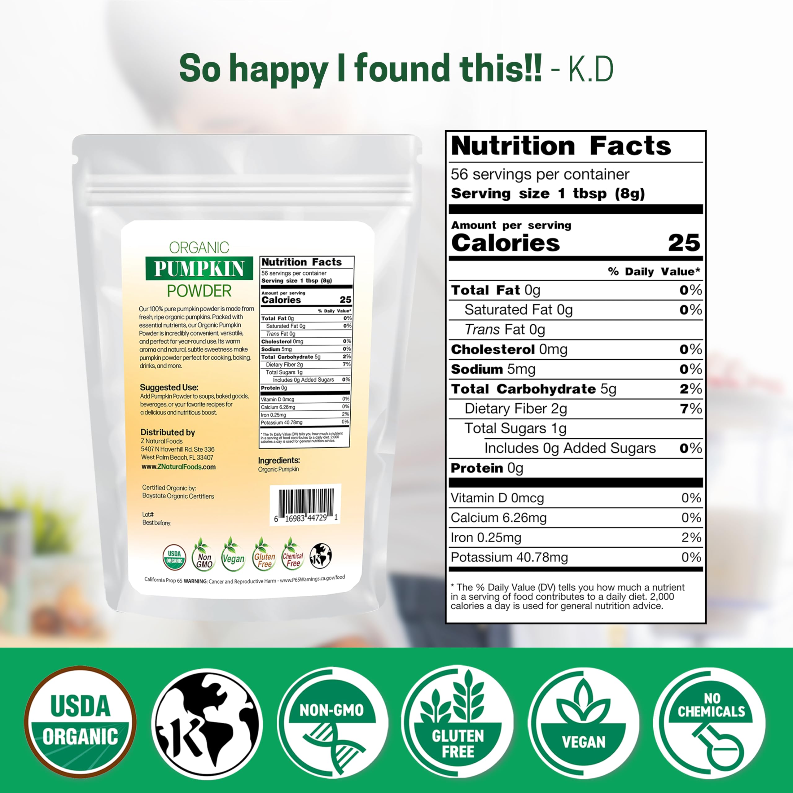 Z Natural Foods pumpkin powder with a spoon shows precise portioning for recipes.