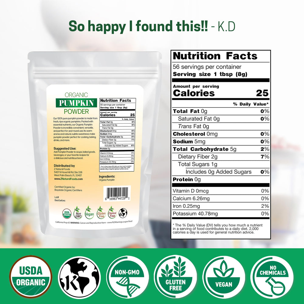 Z Natural Foods pumpkin powder with a spoon shows precise portioning for recipes.