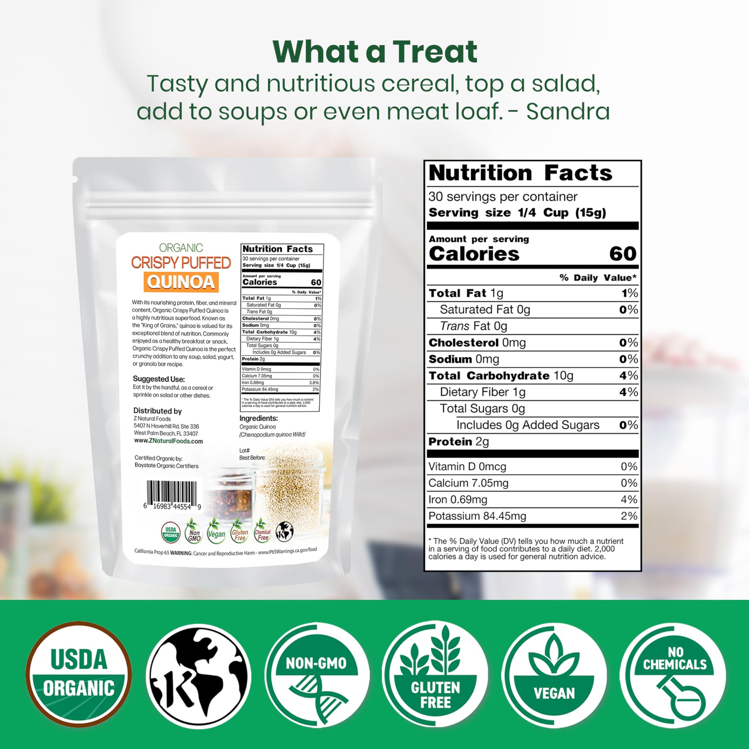 Z Natural Foods Quinoa Crispies served in a bowl, protein-rich snack.