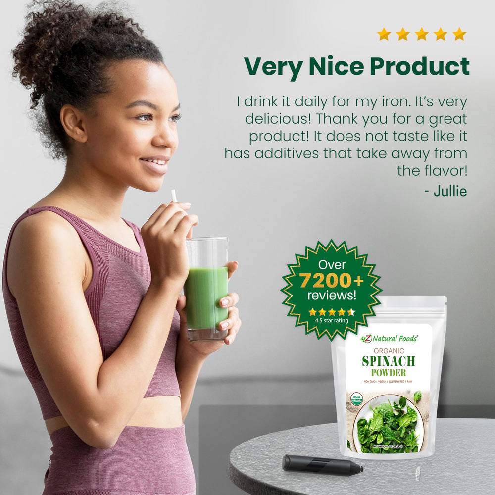 Z Natural Foods Spinach Powder closeup emphasizes fresh, premium greens.