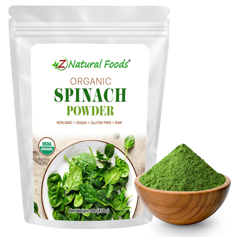 Z Natural Foods Spinach Powder jar packaging shows vibrant greens for convenient daily nutrition.