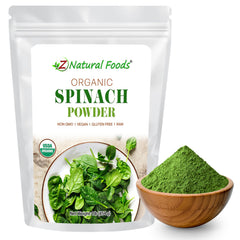 Z Natural Foods Spinach Powder jar packaging shows vibrant greens for convenient daily nutrition.