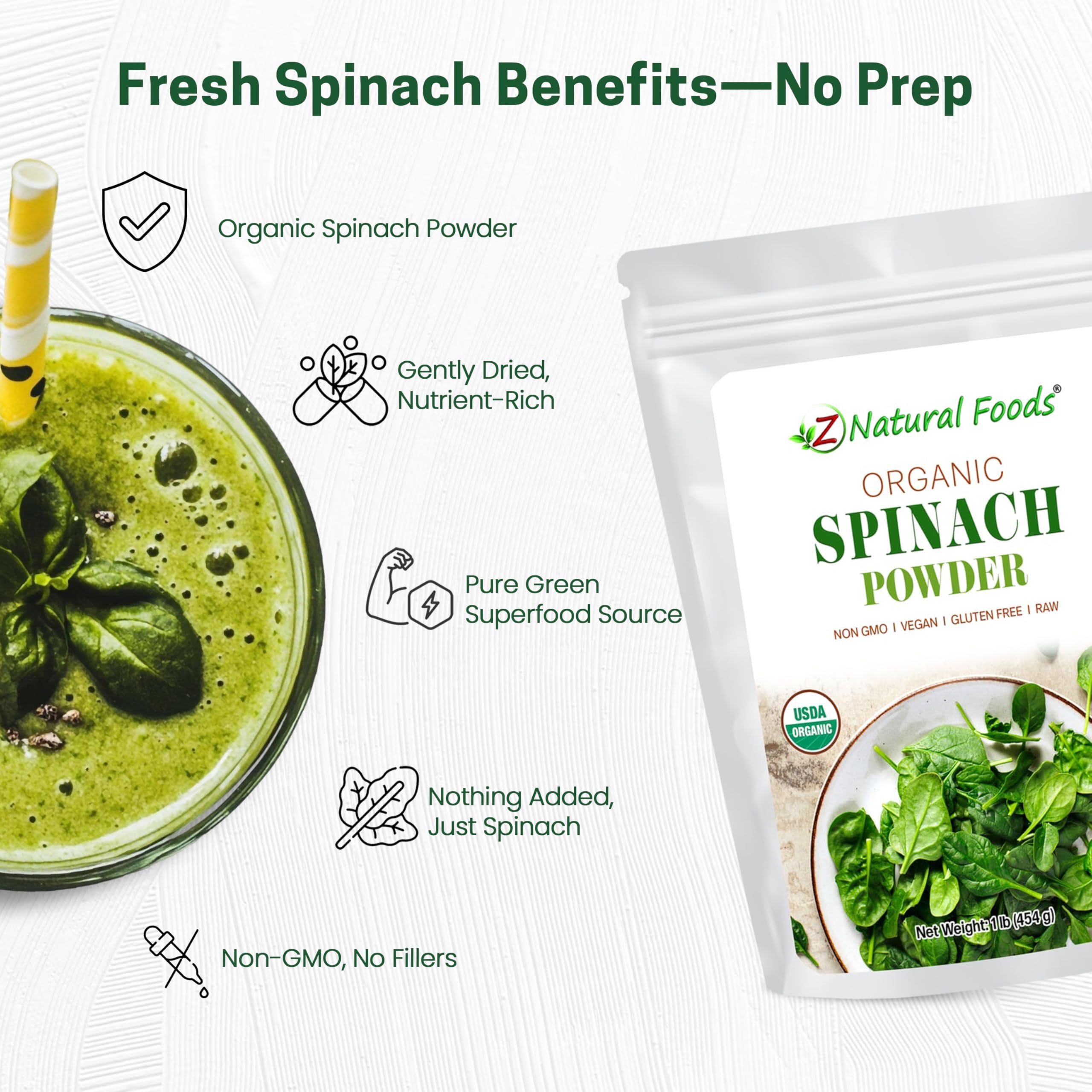 Z Natural Foods Spinach Powder on a salad topping adds nutrient-dense greens.