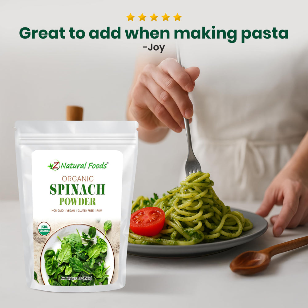 Z Natural Foods Spinach Powder serving in a bowl shows vibrant green color.
