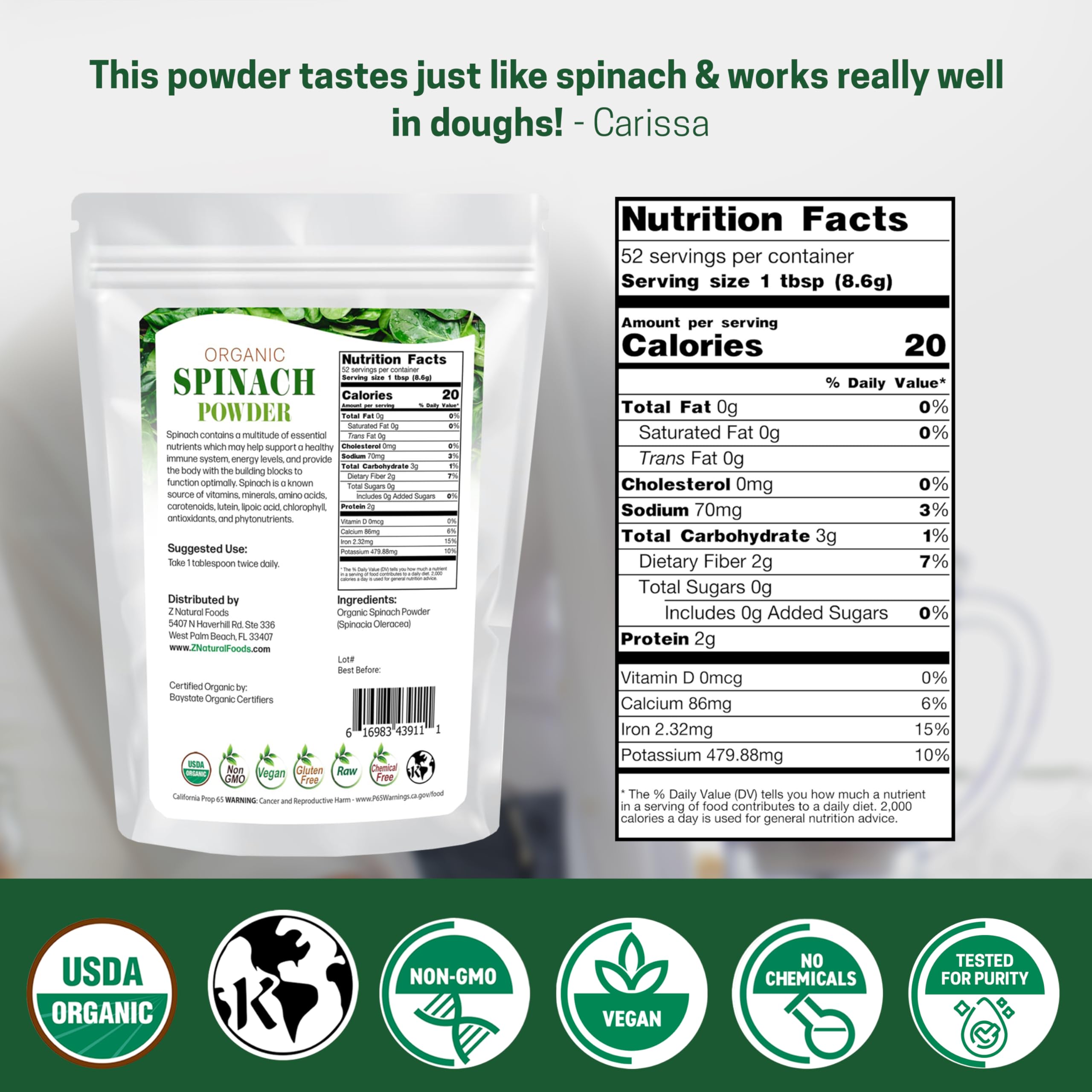 Z Natural Foods Spinach Powder smoothie prep demonstrates easy mix for an energy boost.