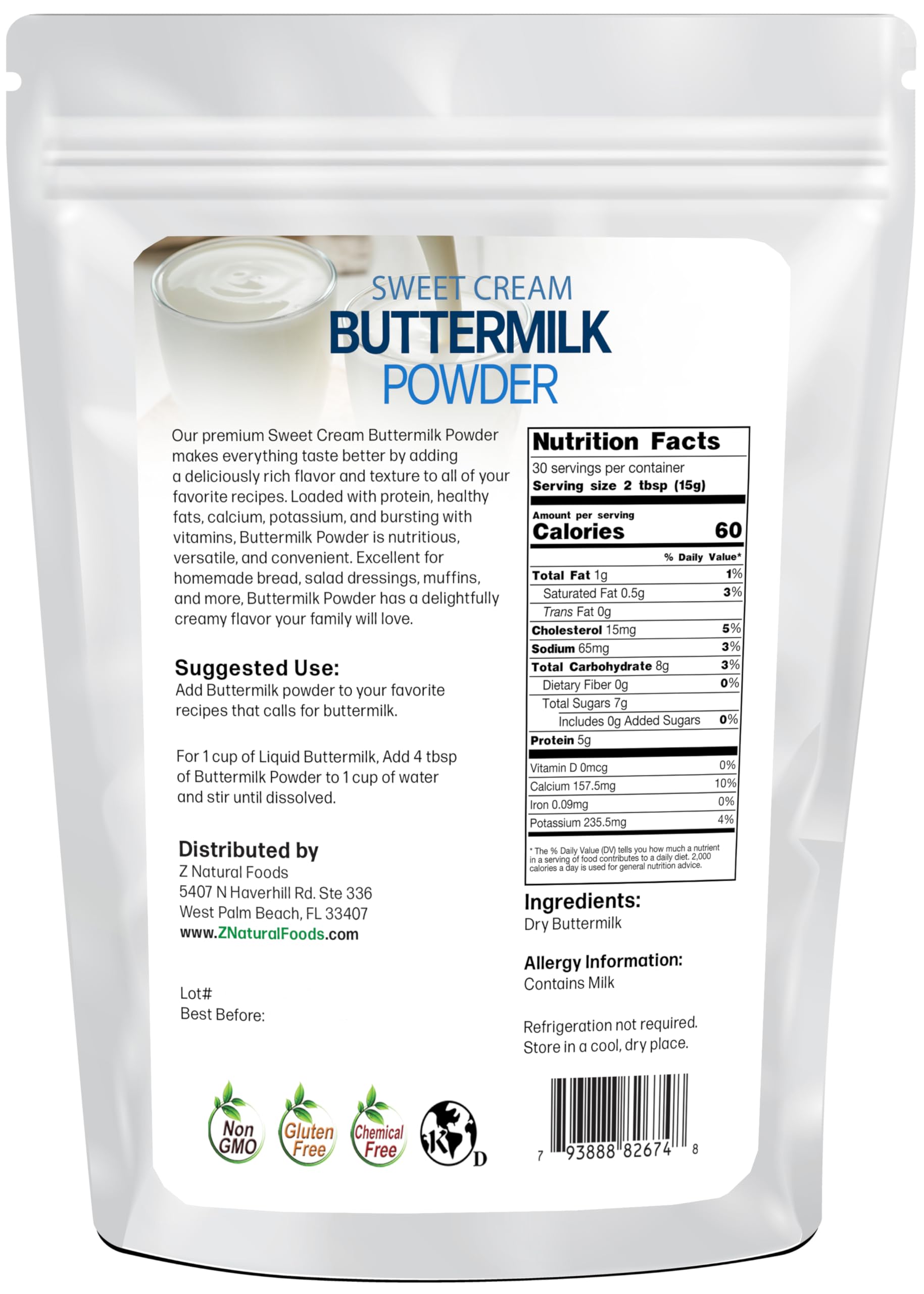 Packaging closeup of Z Natural Foods buttermilk powder showing gluten-free and non-GMO ingredients