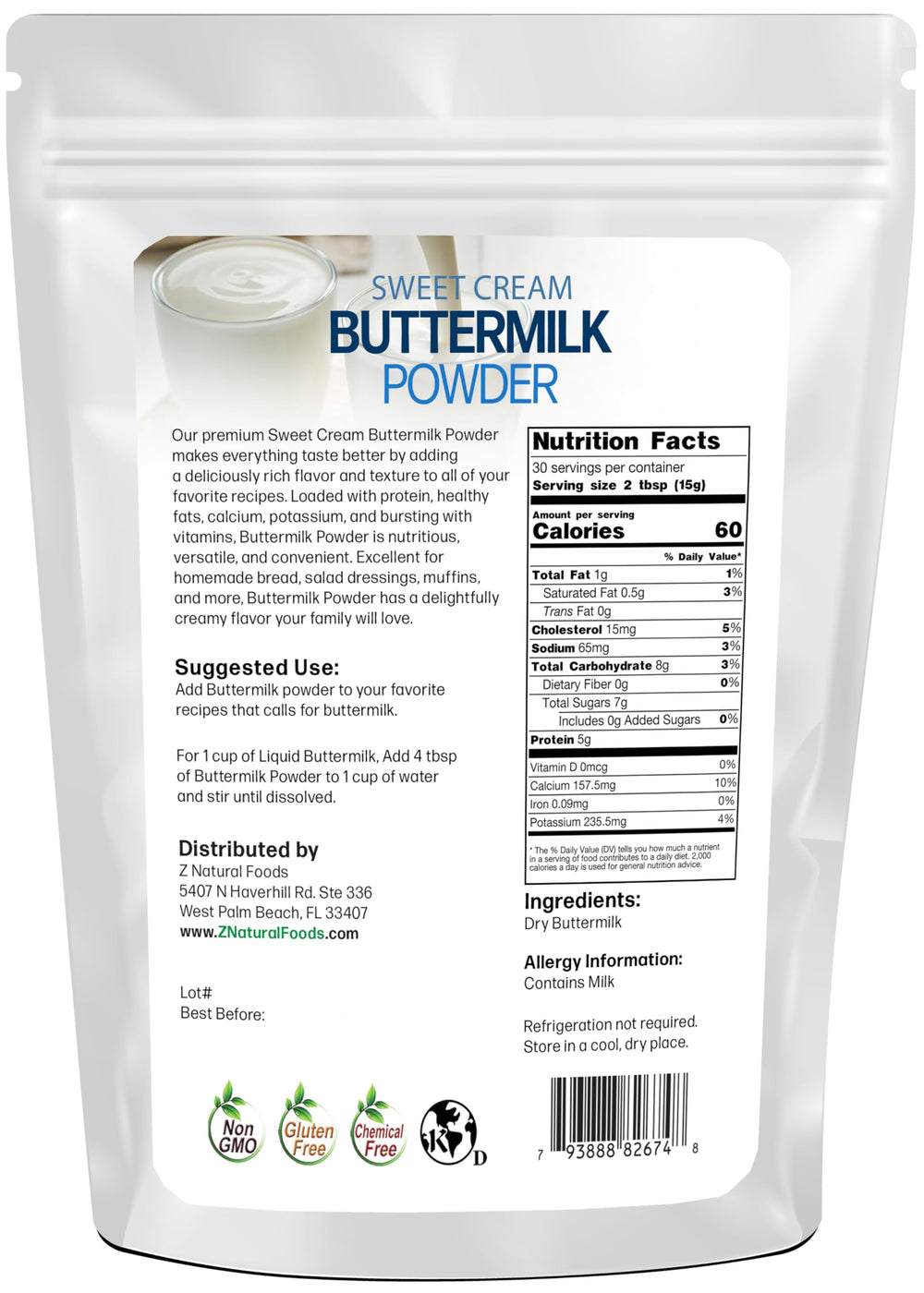 Packaging closeup of Z Natural Foods buttermilk powder showing gluten-free and non-GMO ingredients